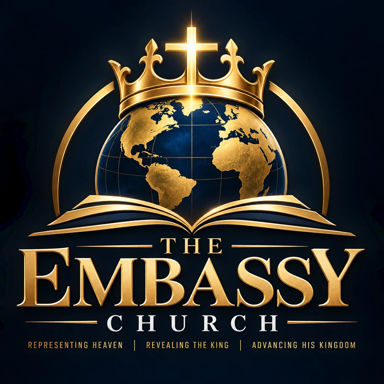 The Embassy Church — crown, cross, globe and open Bible